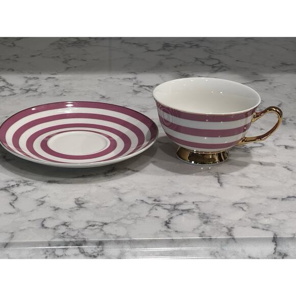 Afternoon Tea Pink White Stripe Gold Tea Cup Saucer Set - Picture 5 of 11